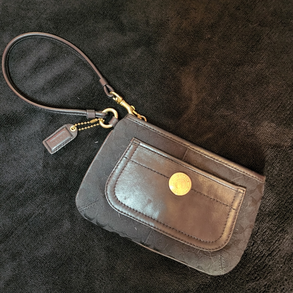 Coach black canvas and leather wristlet